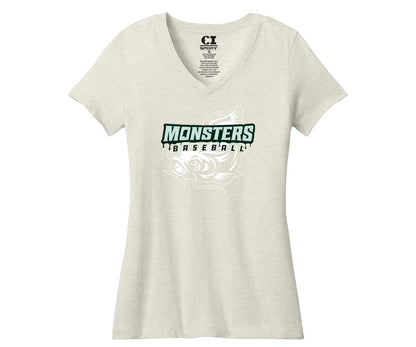 Ladies V-Neck Tee- Monsters Baseball - Oatmeal Heather