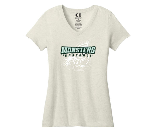 Ladies V-Neck Tee- Monsters Baseball - Oatmeal Heather