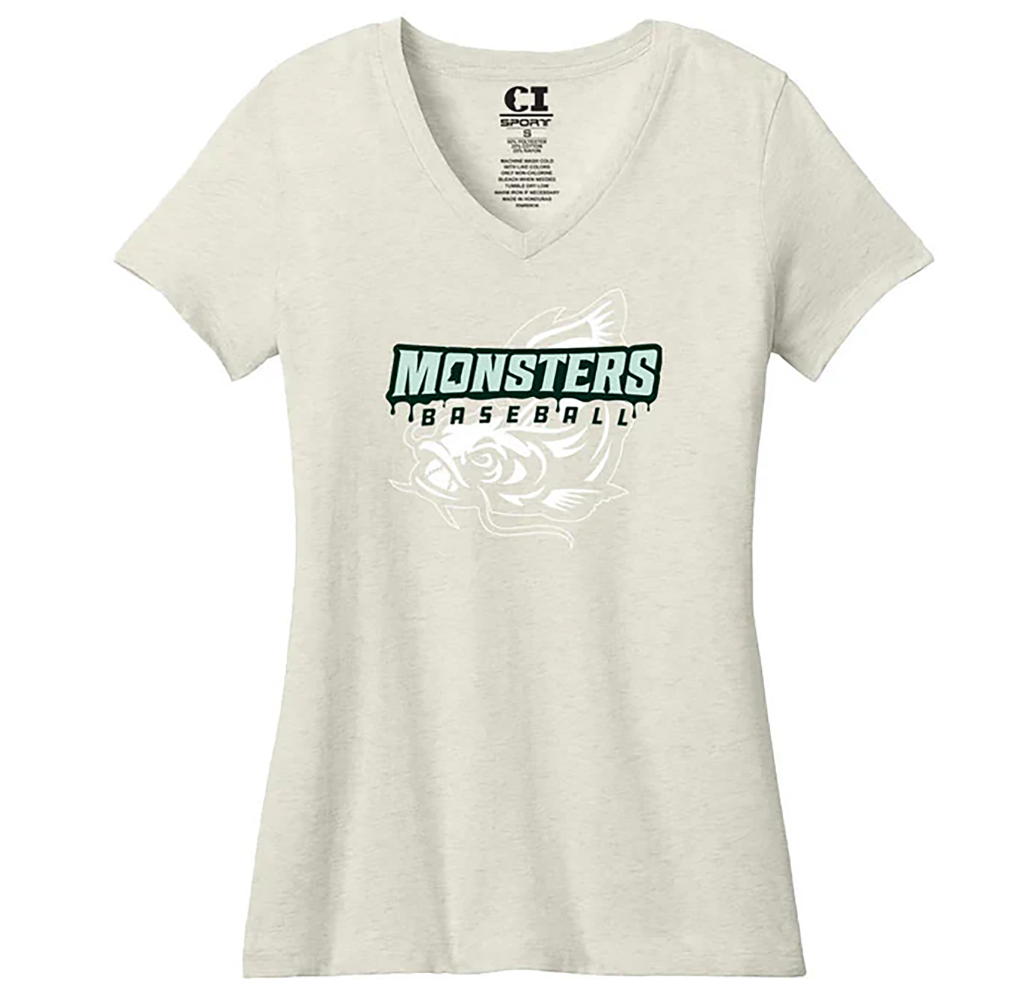 Ladies V-Neck Tee- Monsters Baseball - Oatmeal Heather