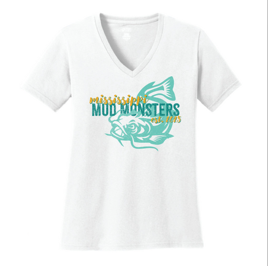 Ladies V-Neck Tee- Brush Script Mud Monsters