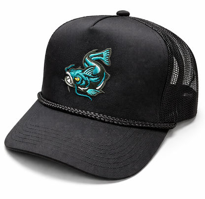 Rope Front Trucker Hat - Swimming Fish - Black